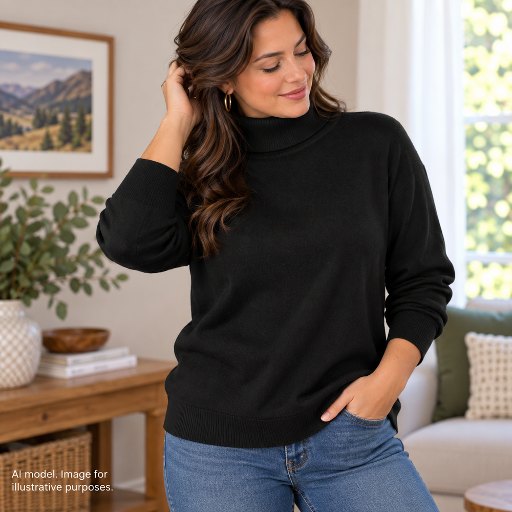 Eddie Bauer Sweater Womens Large Black Super Soft Cotton Cashmere Roll Neck